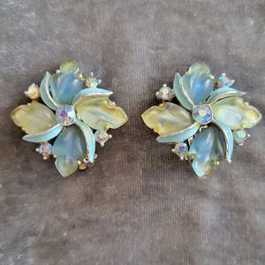 Lisner Vintage Earrings Clip-on Silvertone Blue Lucite + AB Stones